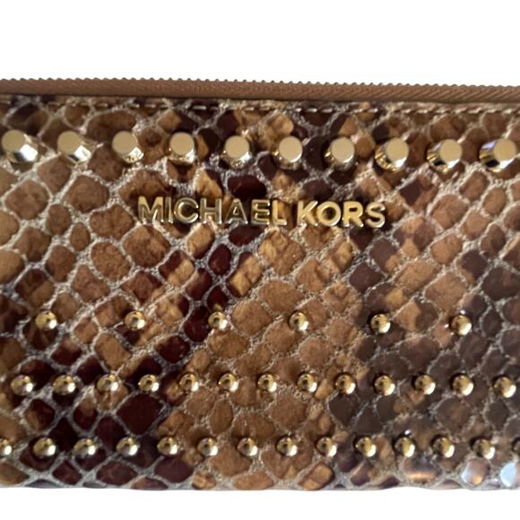 Michael Kors Studded Snakeskin Zip Around Wallet Womens Tan Gold - Picture 2 of 7